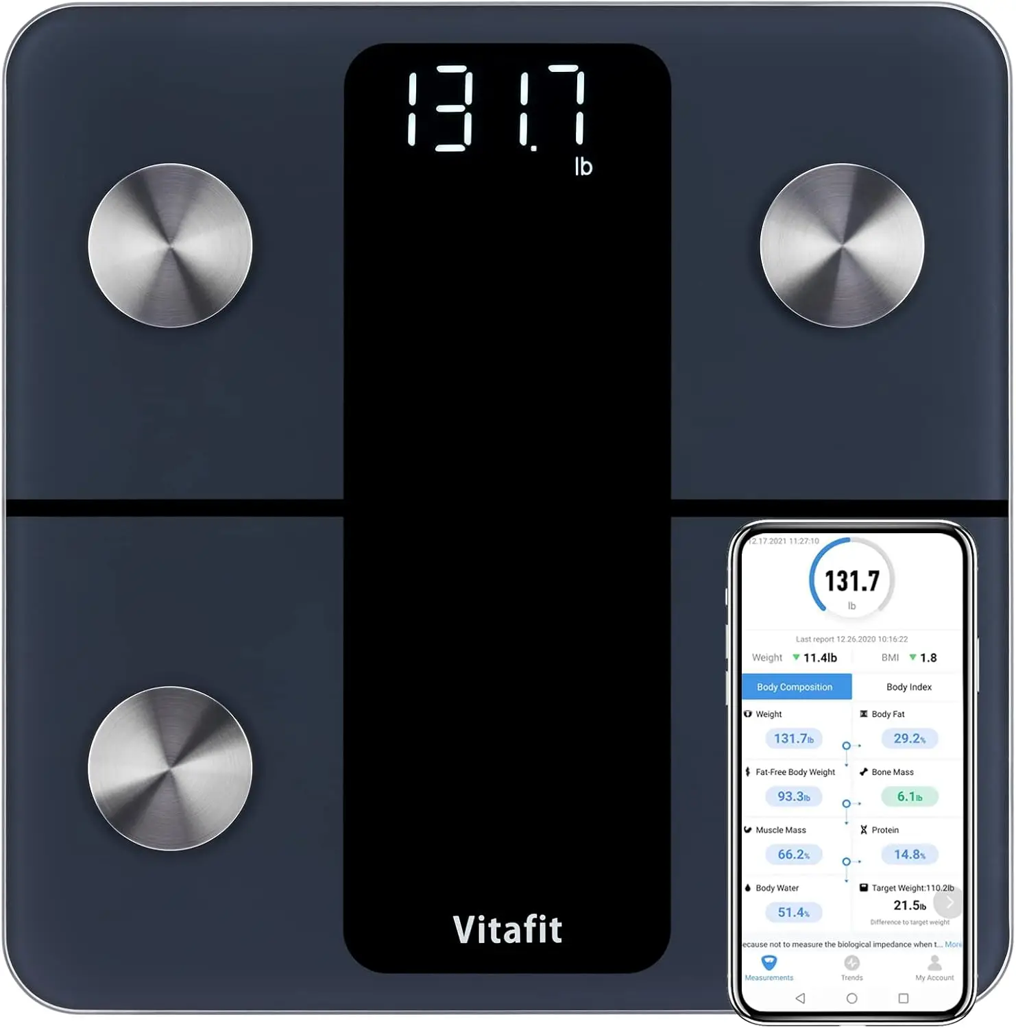 

Smart Body Weight Scale with High Accuracy 0.1lb, Syncs to App for BMI, Fat, Muscle Tracking, LED Display, Black