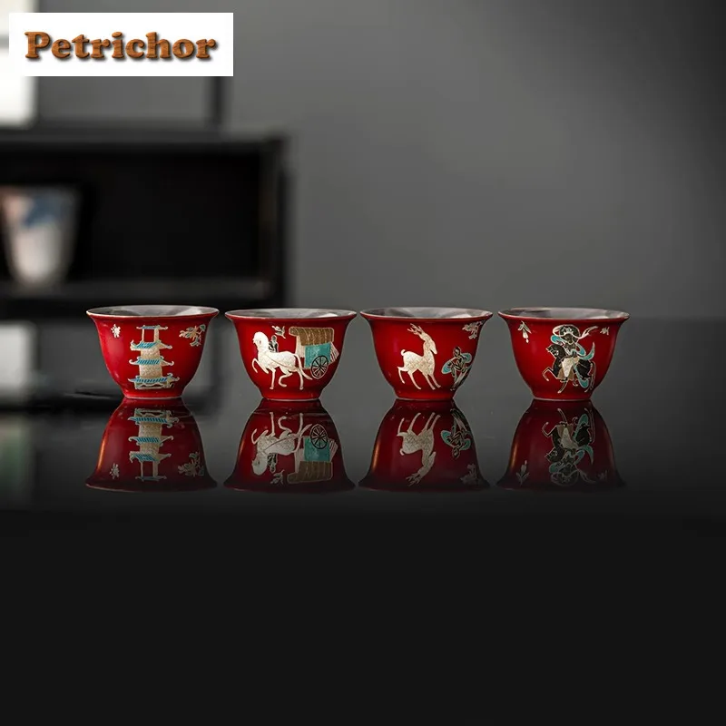 

4pc/set Dunhuang Series Teacup Antique Tea Bowl Tea Pair Tea-tasting Smelling Cup Jianzhan Master Cups Tableware Supplies 45ml