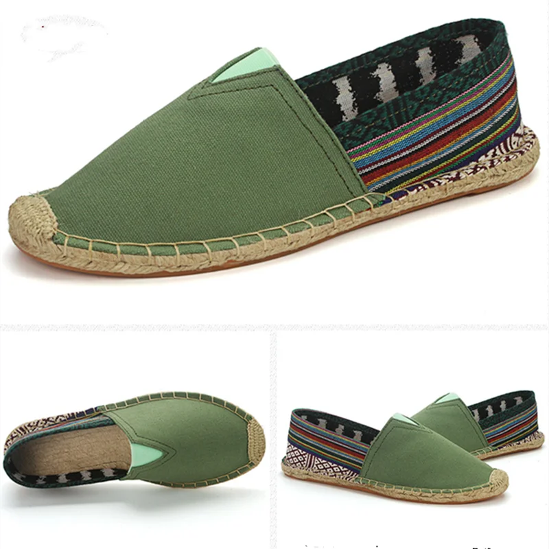 Women Old Peking Cloth Shoes Round Toe Strip Canvas Hemp Flats Anti-Skip Breathable Chaussure Green Printed Lips Slip-On Unisex