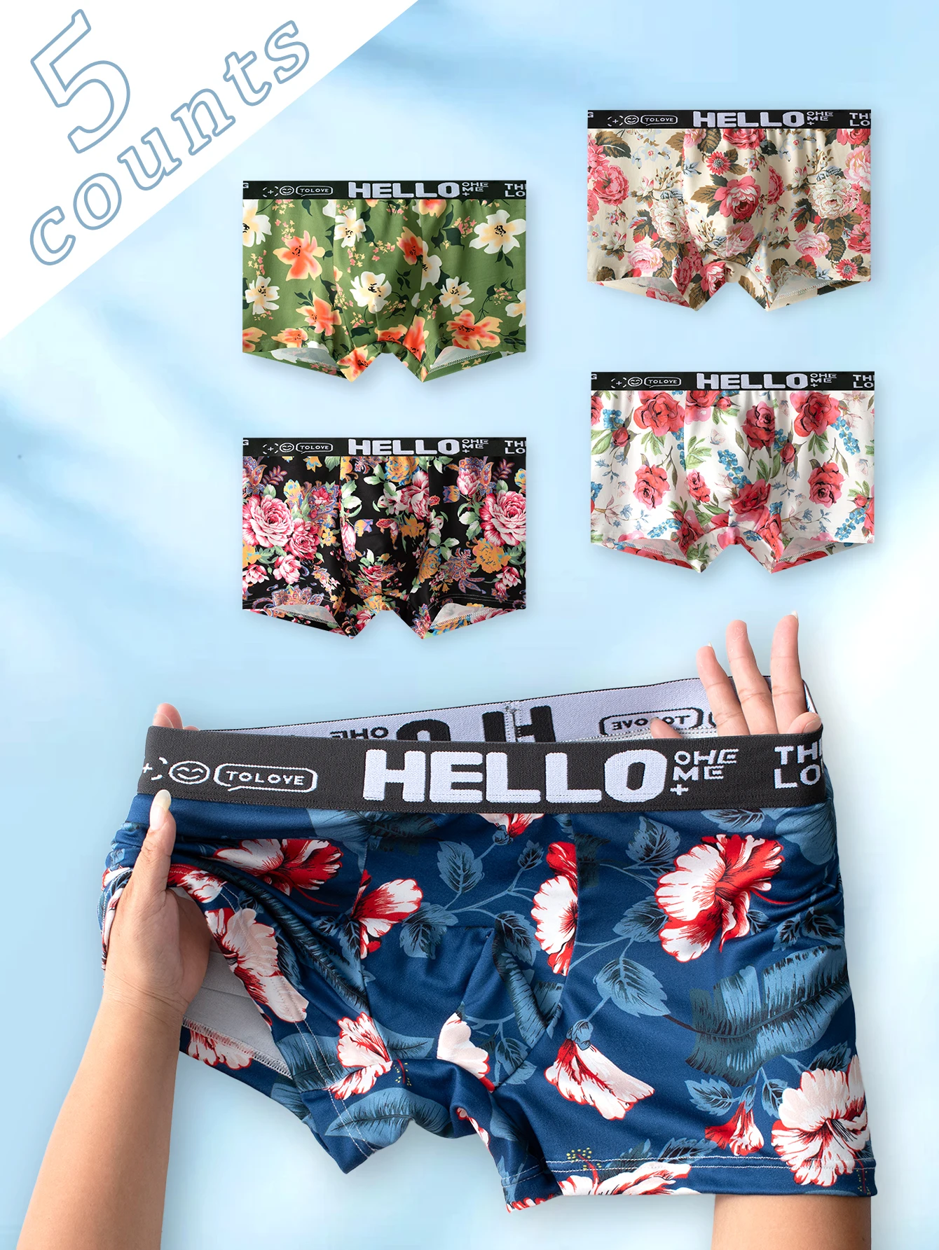 Men\'s underwear 5 pairs of explosive personalized flower print tide models flat pants soft breathable adult boys boxer shorts