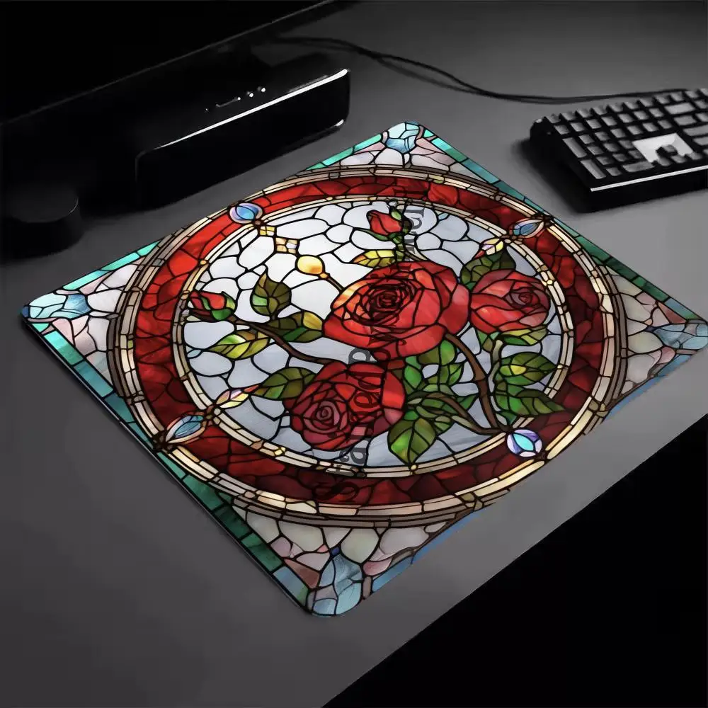 Vintage Stained Glass Red Rose Desk Mat Square Floral Art Non-Slip Rubber Mouse Pad PC Office Gaming Laptop Table Decor Mousepad