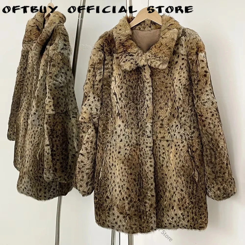 2026 New Autumn Winter Women Fashion Personality Leopard Real Rabbit Fur Jacket Female Warm Medium Length Natural Fur Coat Lady