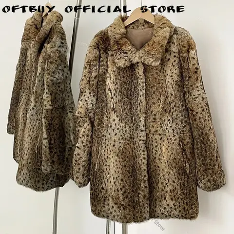 2026 New Autumn Winter Women Fashion Personality Leopard Real Rabbit Fur Jacket Female Warm Medium Length Natural Fur Coat Lady