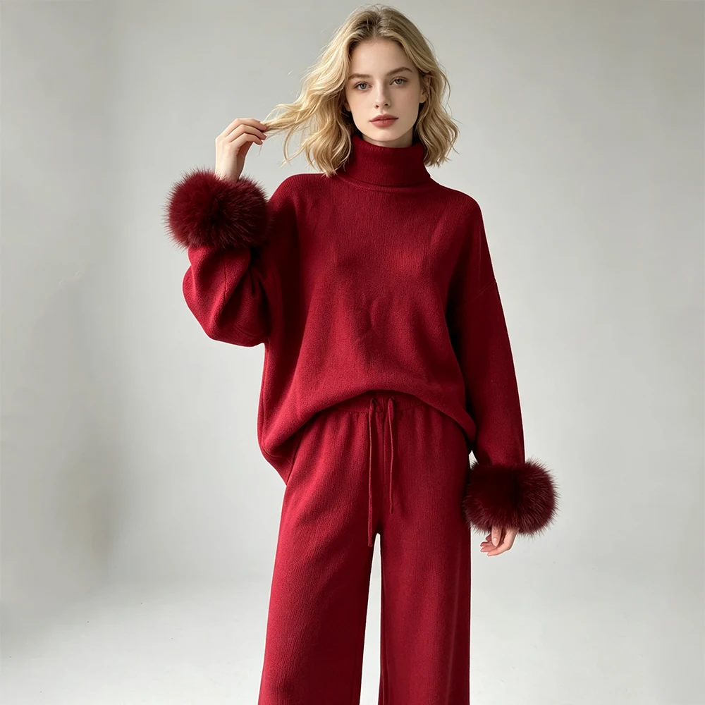 Conjunto de Pantalones Anchos y Top de Punto para Mujer Jxwatcher, Novedad de Otoño, Jersey de Cuello Alto con Puños de Piel de Zorro, Conjuntos Casuales para Mujer