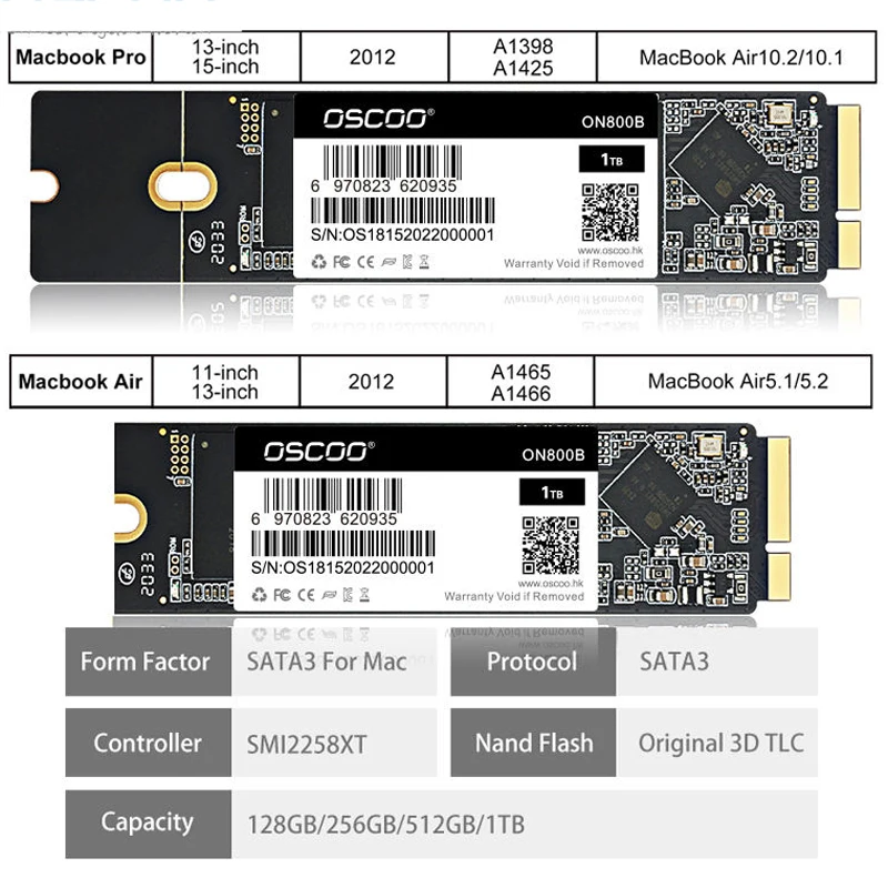 Dyski twardy OSCOO dysk twardy SATA3 SSD dla Macbook 128 GB 256 GB 512 GB 1 TB Pro 2012 A1398 A1425 A1465 A1466