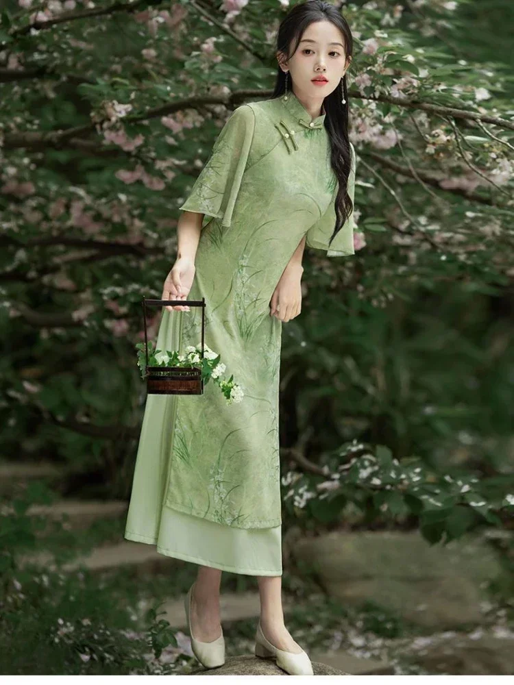 High-end Modern Cheongsam Dress Green Women\'s Clothing 2024 Improved Retro Chinese Traditional Elegant Chiffon Dress Pink Qipao