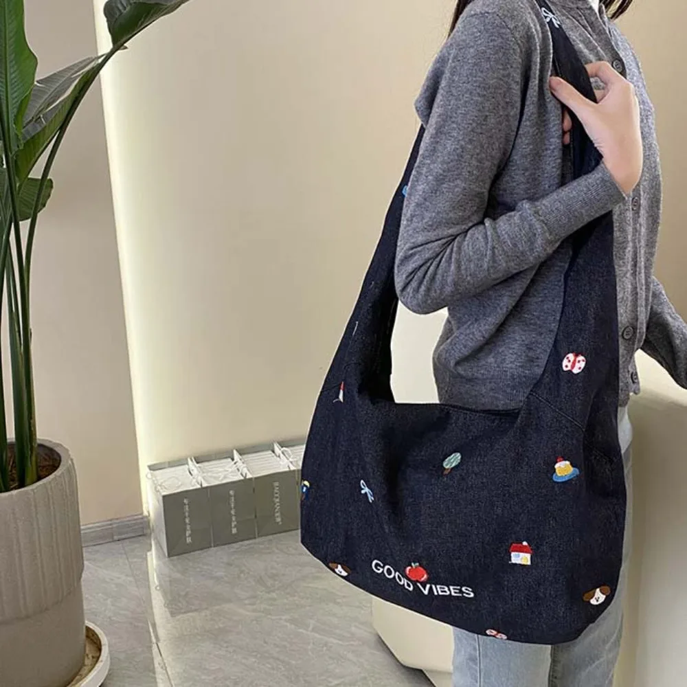 

Canvas Denim Embroidered Tote Bag Large Capacity Bow Japanese StyleShoulder Pouch Casual Letter Sewn Women Messenger Bag Work