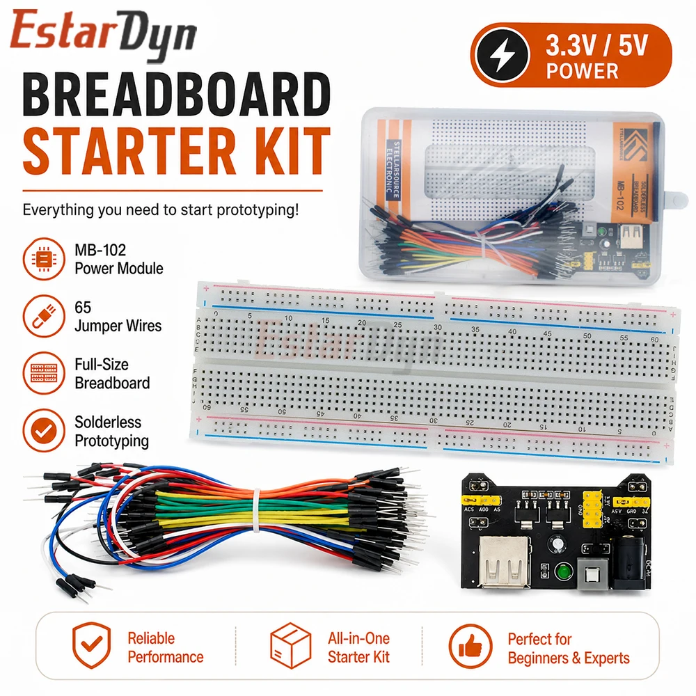 Kit de Prototipagem Sem Solda EstarDyn MB-102 com 830 Pontos de Conexão, Módulo de Alimentação 3.3V/5V e 65 Fios Jumper Flexíveis