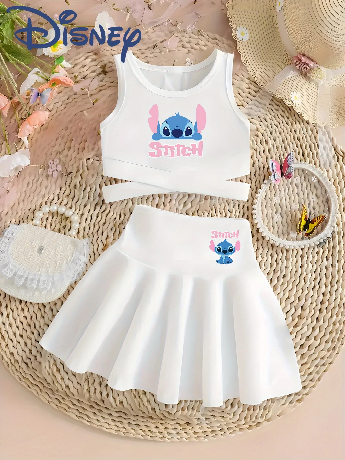 Conjunto de falda y camiseta sin mangas cruzada de verano para niñas de Disney Official Stitch. Estilo deportivo transpirable, informal y versátil. El mejor regalo!