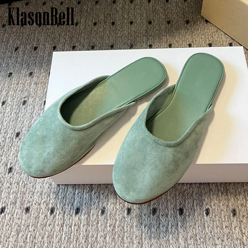 

4.9 KlasonBell Fashion Retro Cow Suede Mules Slippers For Women Simple Flat Sole Round Toe Slippers