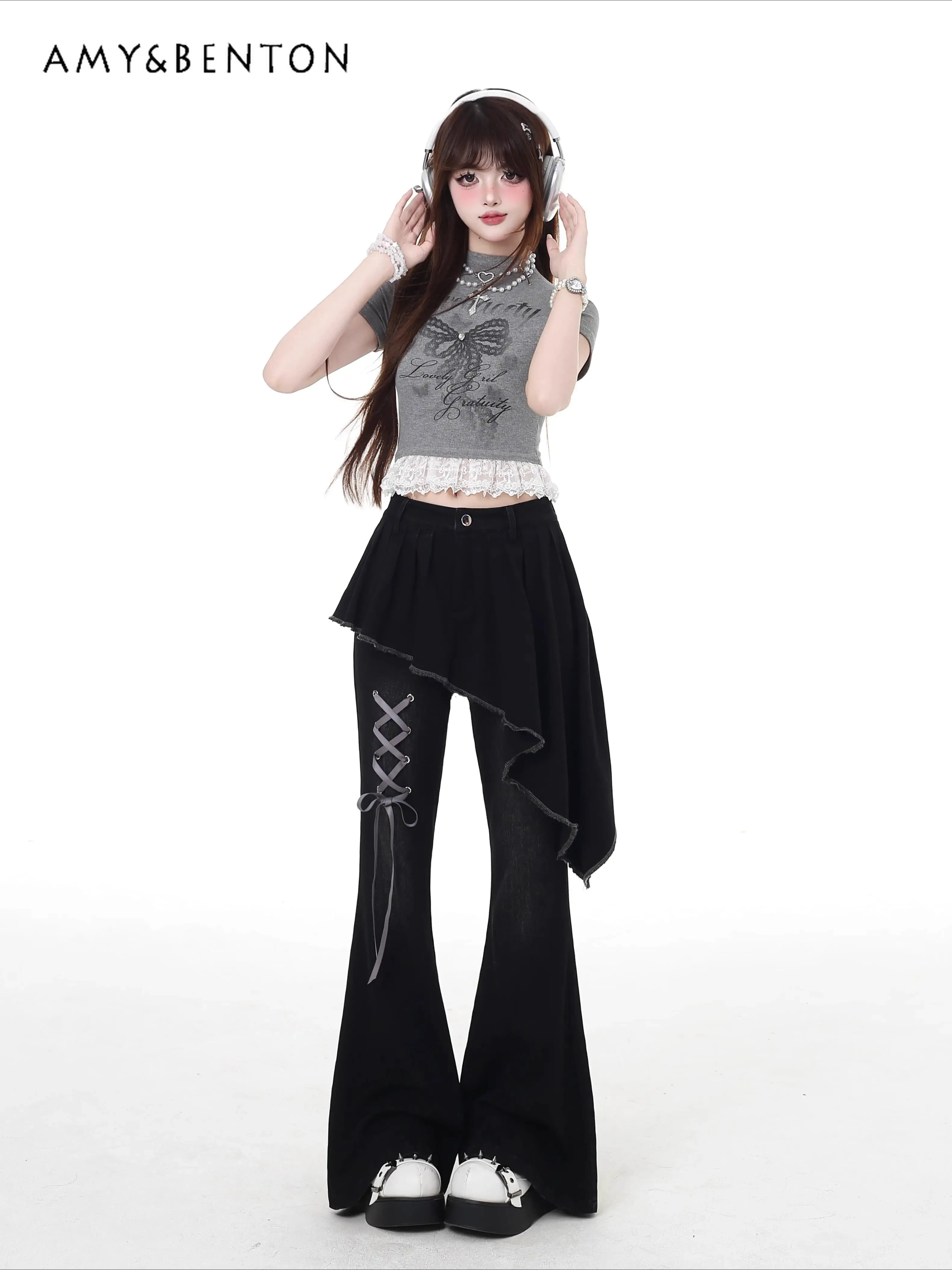 Pantalones acampanados de dos piezas falsos para chica dulce y picante, pantalones ajustados de cintura alta Retro americanos Y2K, pantalones vaqueros de subcultura nuevos de primavera para mujer