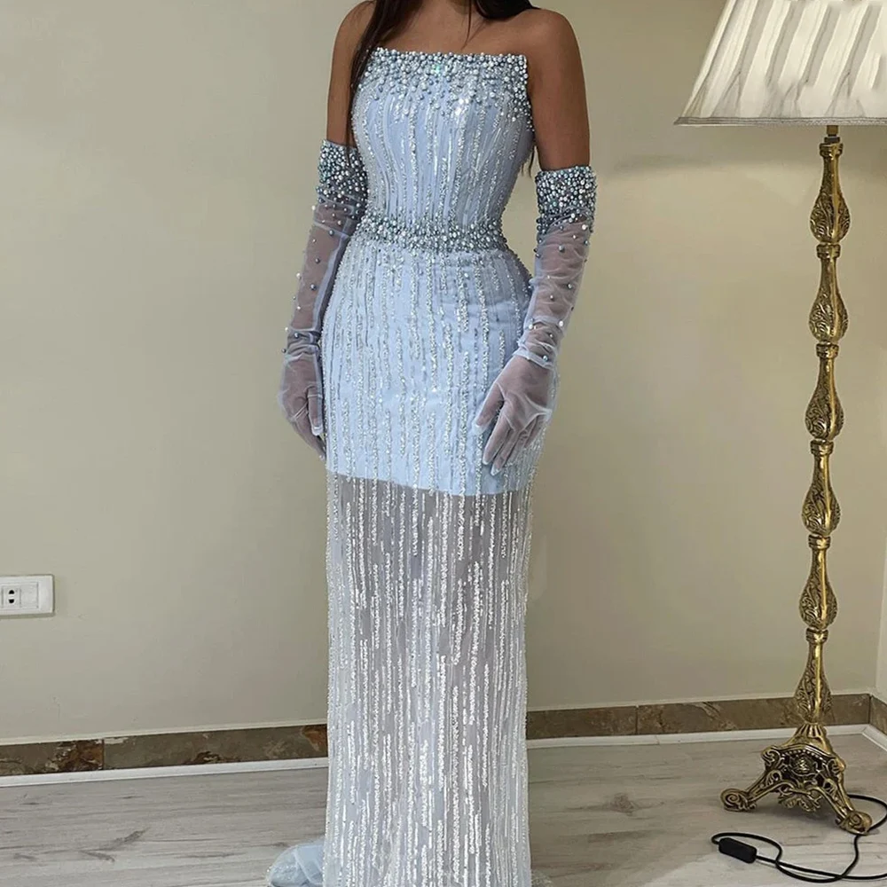 

Fashion Special Occasion Dresses Exquisite Net Sheath/Column Celebrity Gown Sky Blue Strapless Pearls Gloves Included Prom Gown