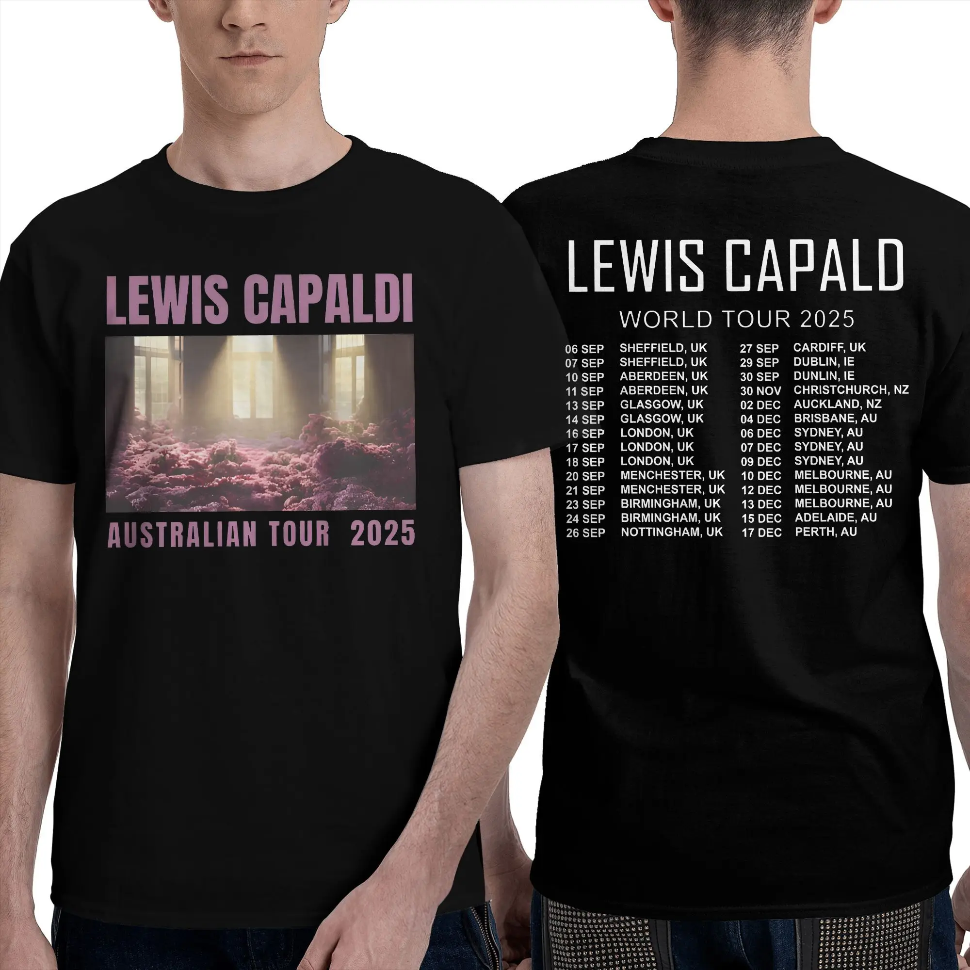Koszulki męskie z krótkim rękawem, okrągły dekolt, 100% bawełna, z nadrukiem graficznym, z okazji trasy koncertowej Casual Singer Lewis C-Capaldi World Tour 2025.