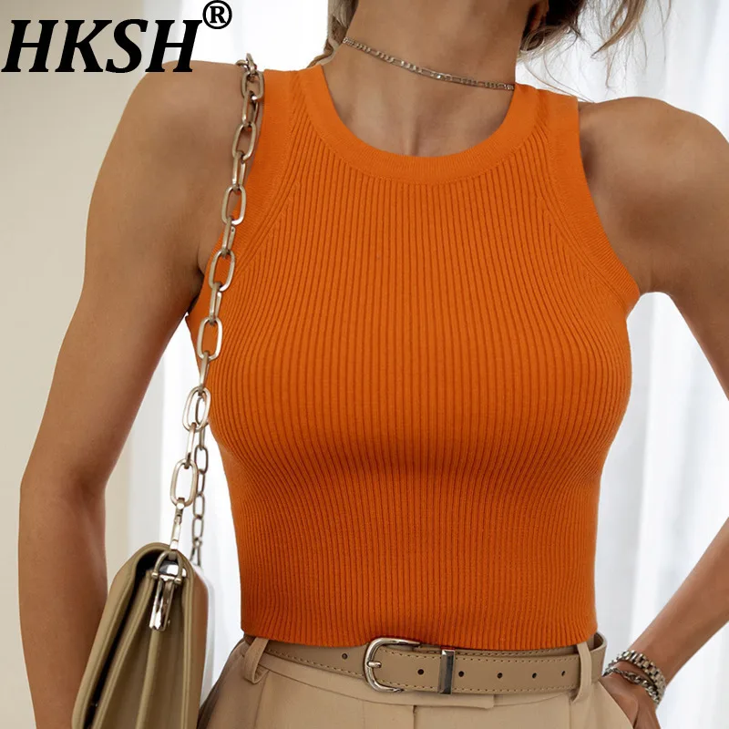 

HKSH 2026 Summer New Women Short Knitted Vest Solid Color O-neck Sleeveless Slim Fit Elegant Sexy Y2K Trend Ins Tank Top HK18697