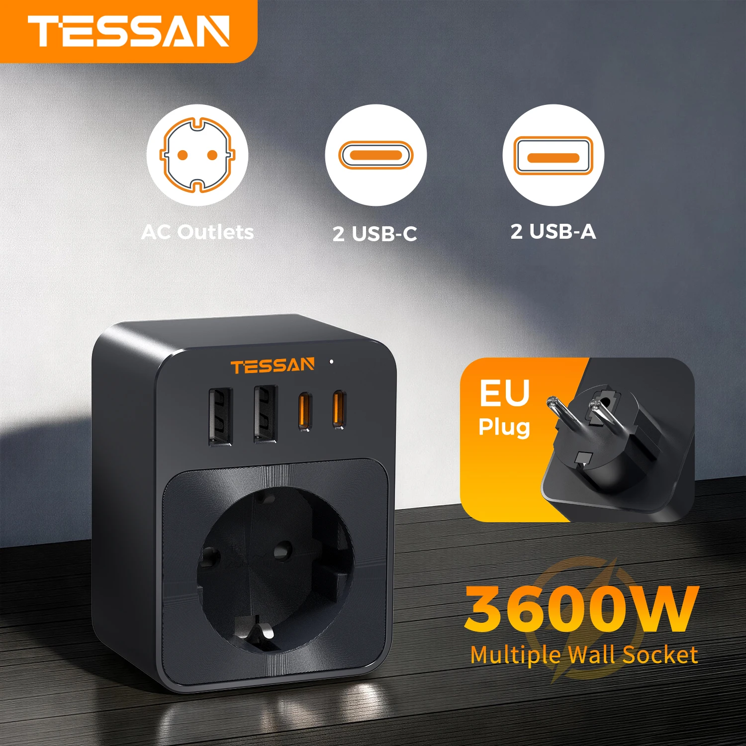 TESSAN EU Plug Power Strip with 1 AC Outlets with 30W Fast Charging USB Type C Ports Wall Socket 5-in-1 Outlet Extender for Home