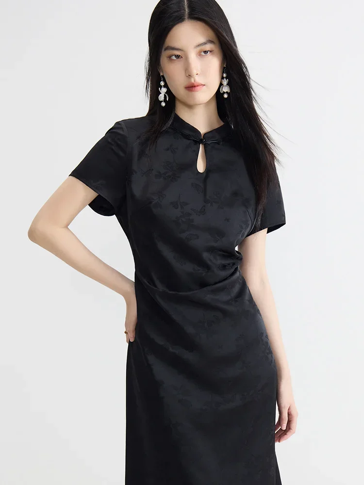 DUSHU New Chinese Style Stand Collar Women Long Pink Dresses Summer New Short Sleeve X-LINE Temperament Dress 24DS82767