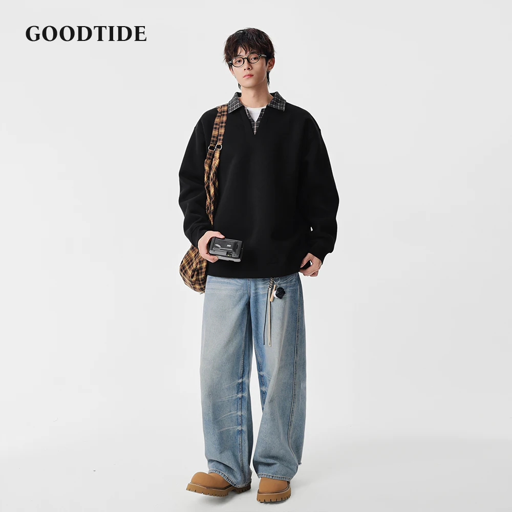 Fashion Men's Casual Crew Neck Sweatshirt 2025 Winter Plaid Collar Layered Look Comfortable Soft Long Sleeve Top