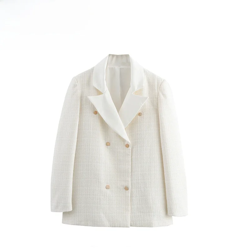 

ZBZA Spring New Women's Faion Design Double Button Coarse Weave Loose Suit Jaet Straight Tube Sle Long Sve Color