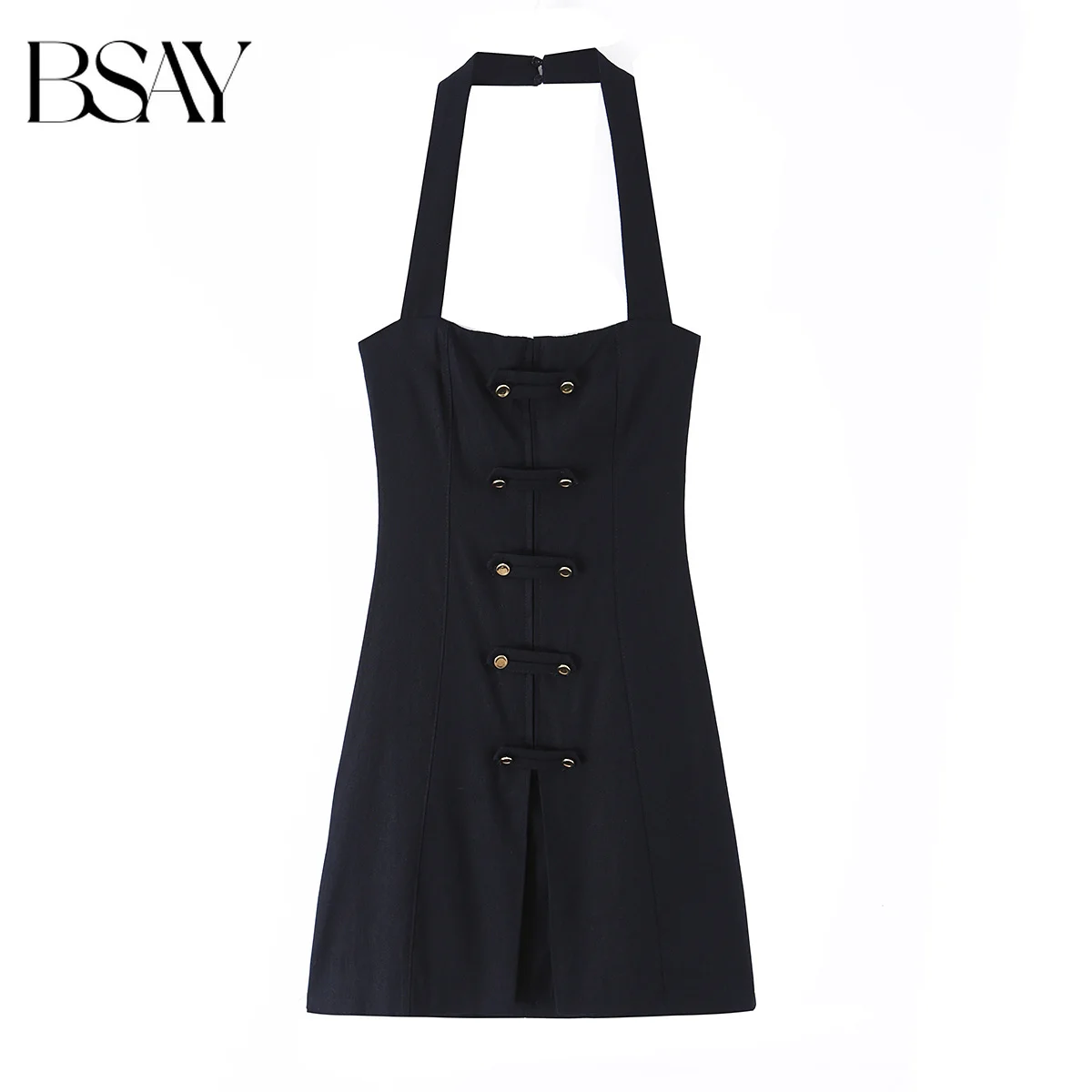 BSAY Damen Schwarzes Neckholder-Minikleid Ärmellos Bodycon mit Schnallendetail Schlitz A-Linie Sommer Elegantes Lässiges Kurzes Kleid