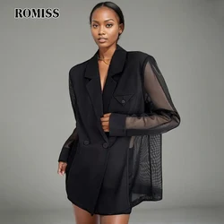 ROMISS Blazer in rete impiombata temperamento solido per le donne Blazer Chic con bottoni Patchwork a maniche lunghe con colletto dentellato femminile nuovo