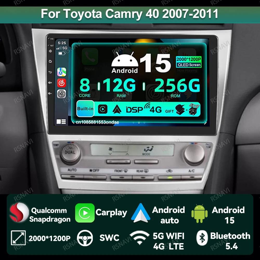 

Автомобильное радио Android 15 для Toyota Camry 40 2007-2011 360 камера DVD Viedo плеер Snapdragon IPS WIFI + 4G LTE авторадио Carplay