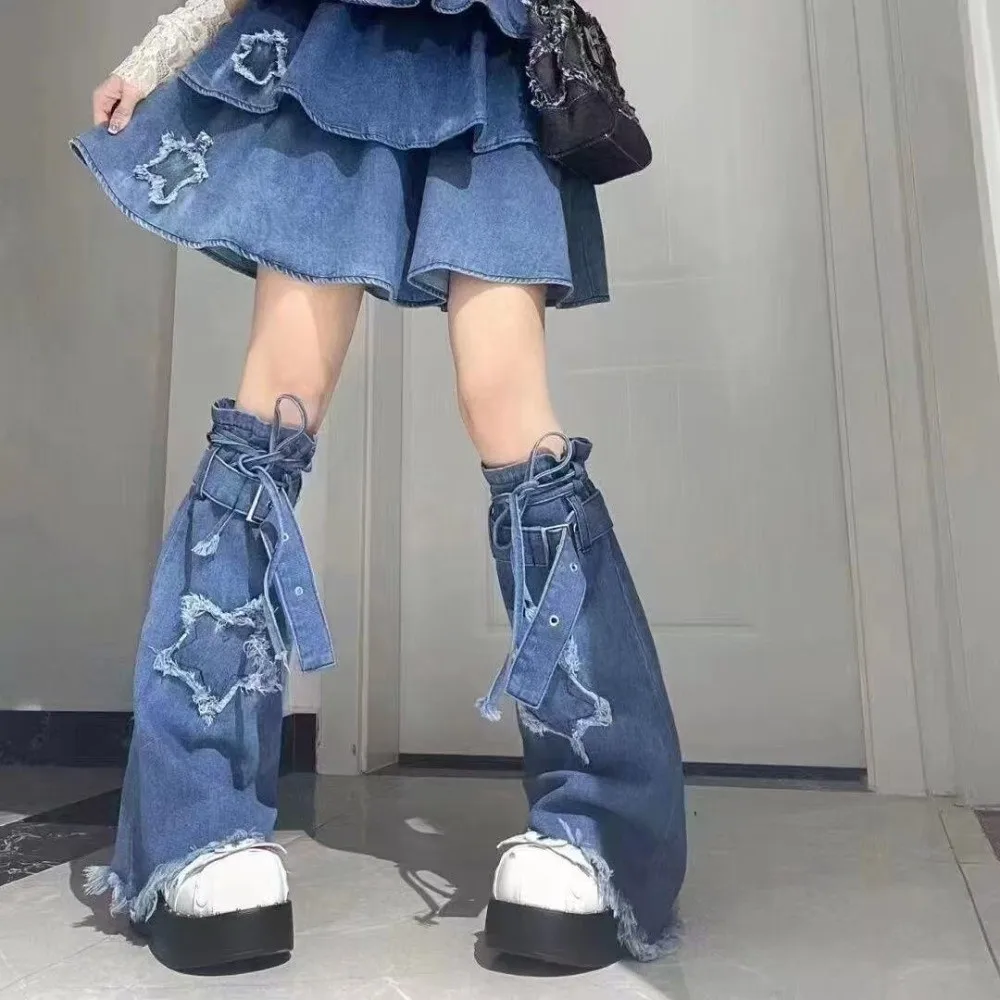 Japanese JK Lolita Y2K Denim Leg Warmers Stars Denim Cloth Cross Trumpet Leg Covers Drawstring Pile Up Socks Long Stockings