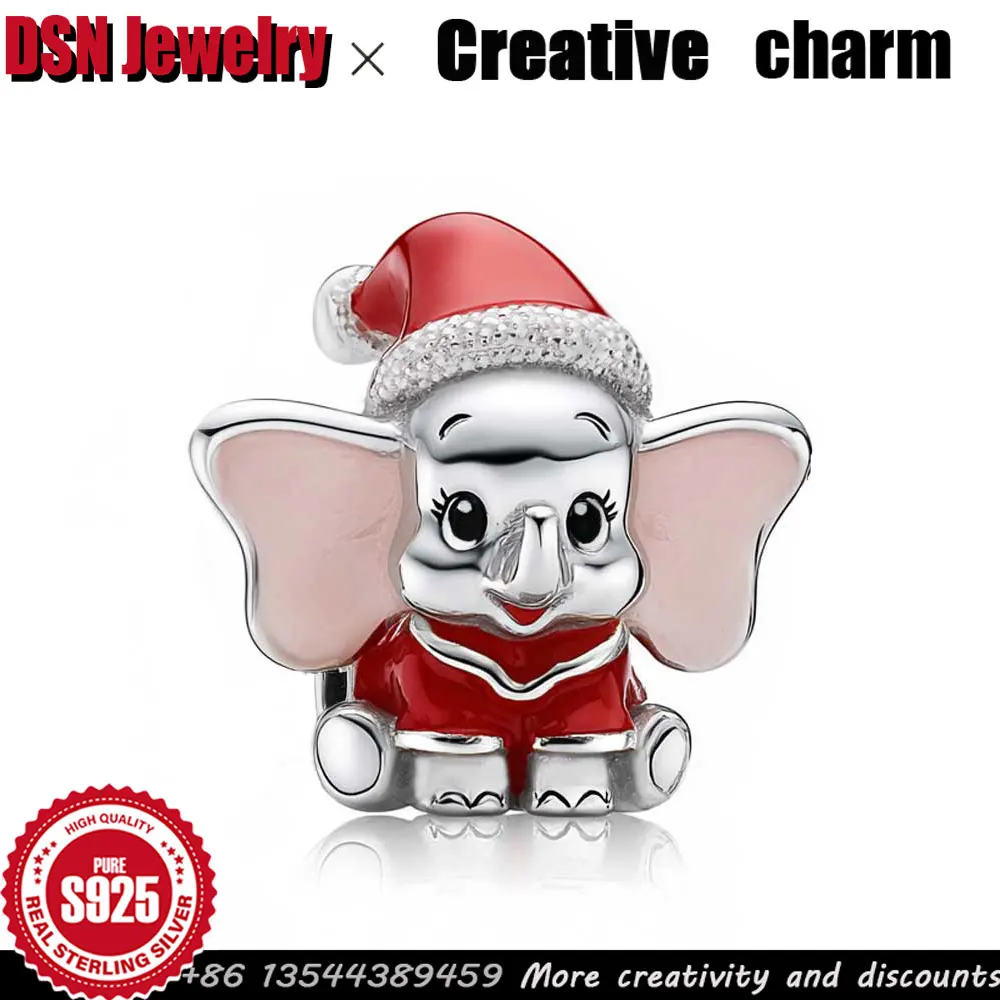 

Disney 925 Silver Charm Dumbo wearing a Christmas hat Customized enamel beads Child's Play Charm Luxury Jewelry charistmas Gift