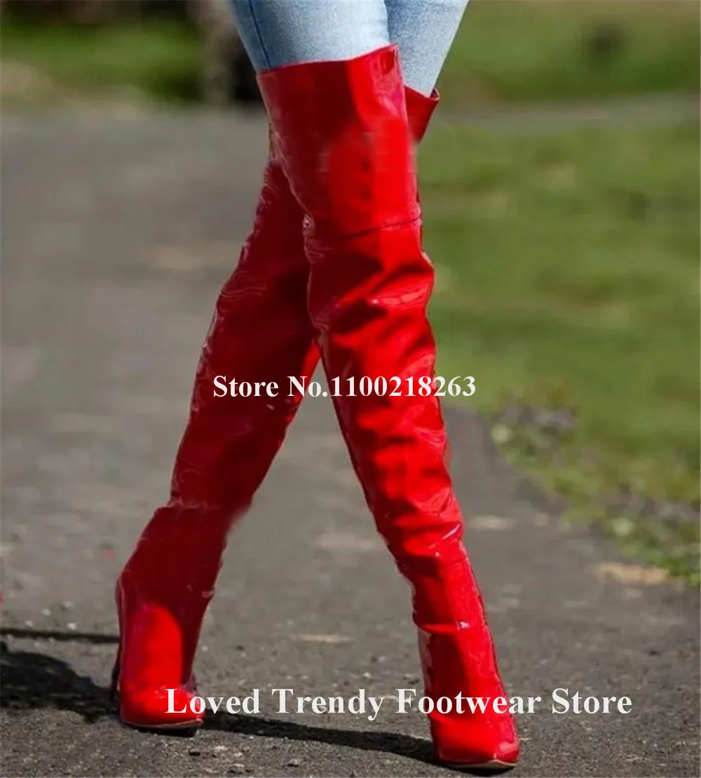 Shining Red Patent Leather Stiletto Heel Over Knee Boots Sexy Pointed Toe Slim Style Thin Heel Long Boots Big Size Heels