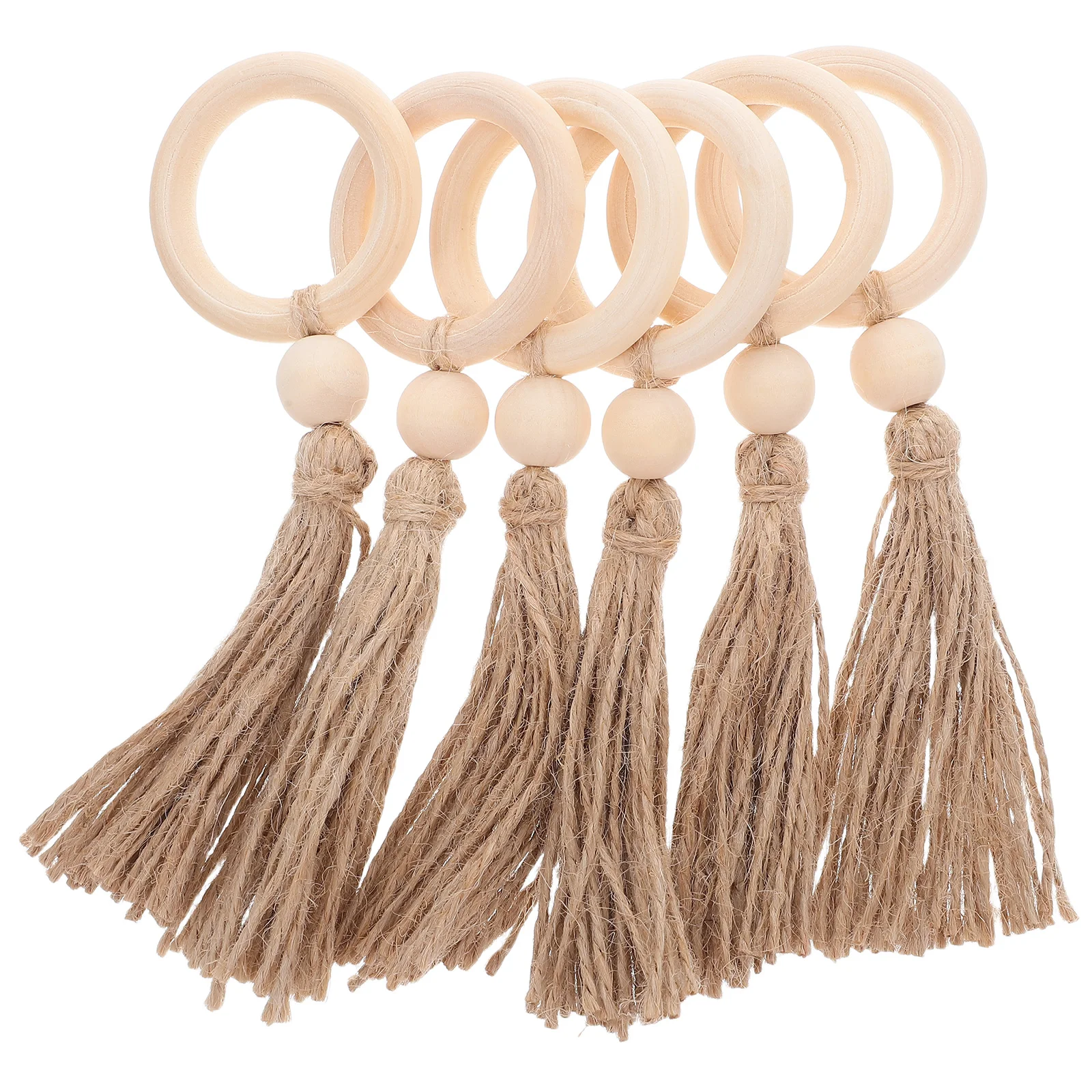 

6pcs Napkin Rings Rustic Wood Bead With Tassels Farmhouse Style Decorative Serviette Buckles For Halloween Dining Table Wedding