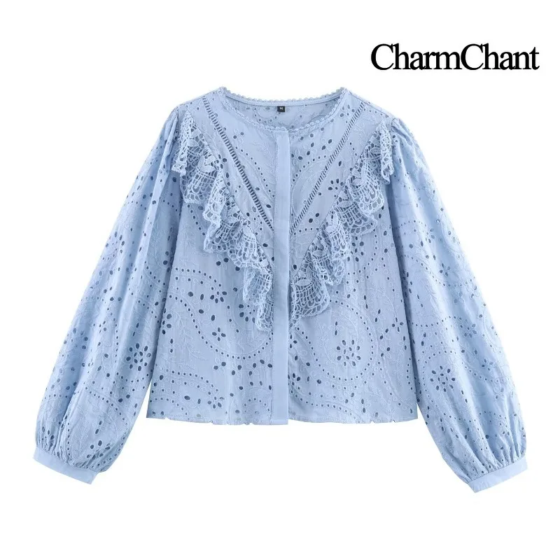 CHARMCHANT Women's Cotton Light Blue Eyelet Embroidery Button Down Shirt with Ruffle Trim Elegant Puff Sleeve Blouse Summer 2026