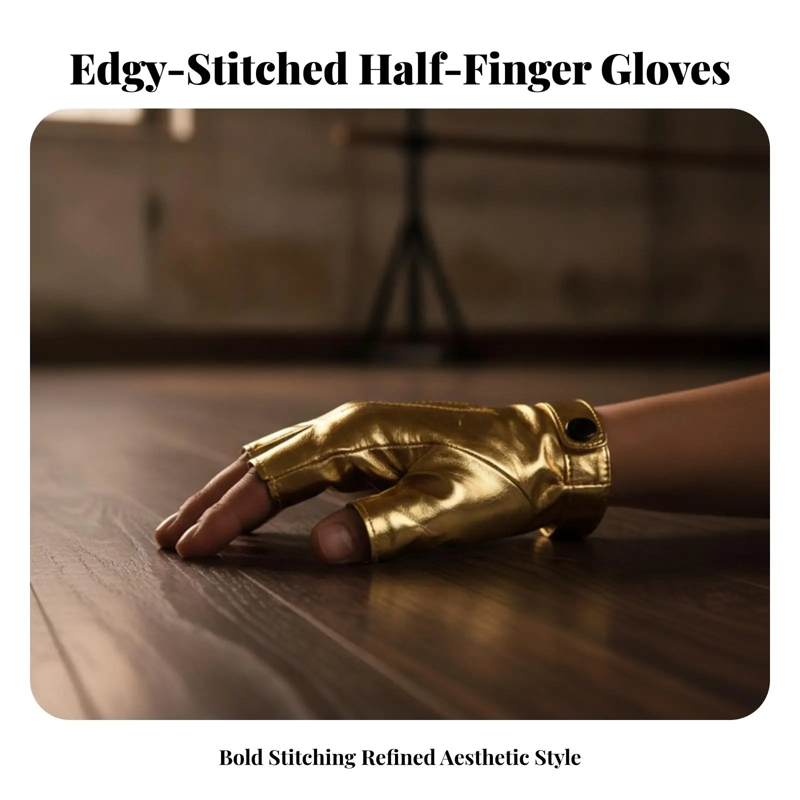 2xShort Cuff Faux Leather Fingerless Glove | Classic Three-Line Stitching, PU Leather Glove with Snap Closure, for Costume Gold