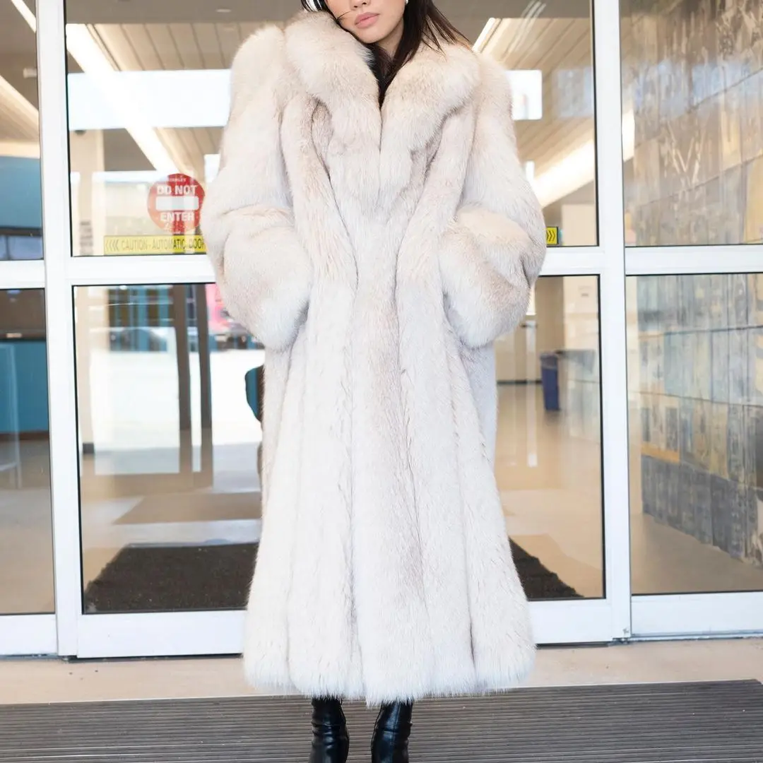 125CM New Luxury Real Natural Fox Fur Long Coat Women Winter Warm Genuine Fur Thick Overcoat