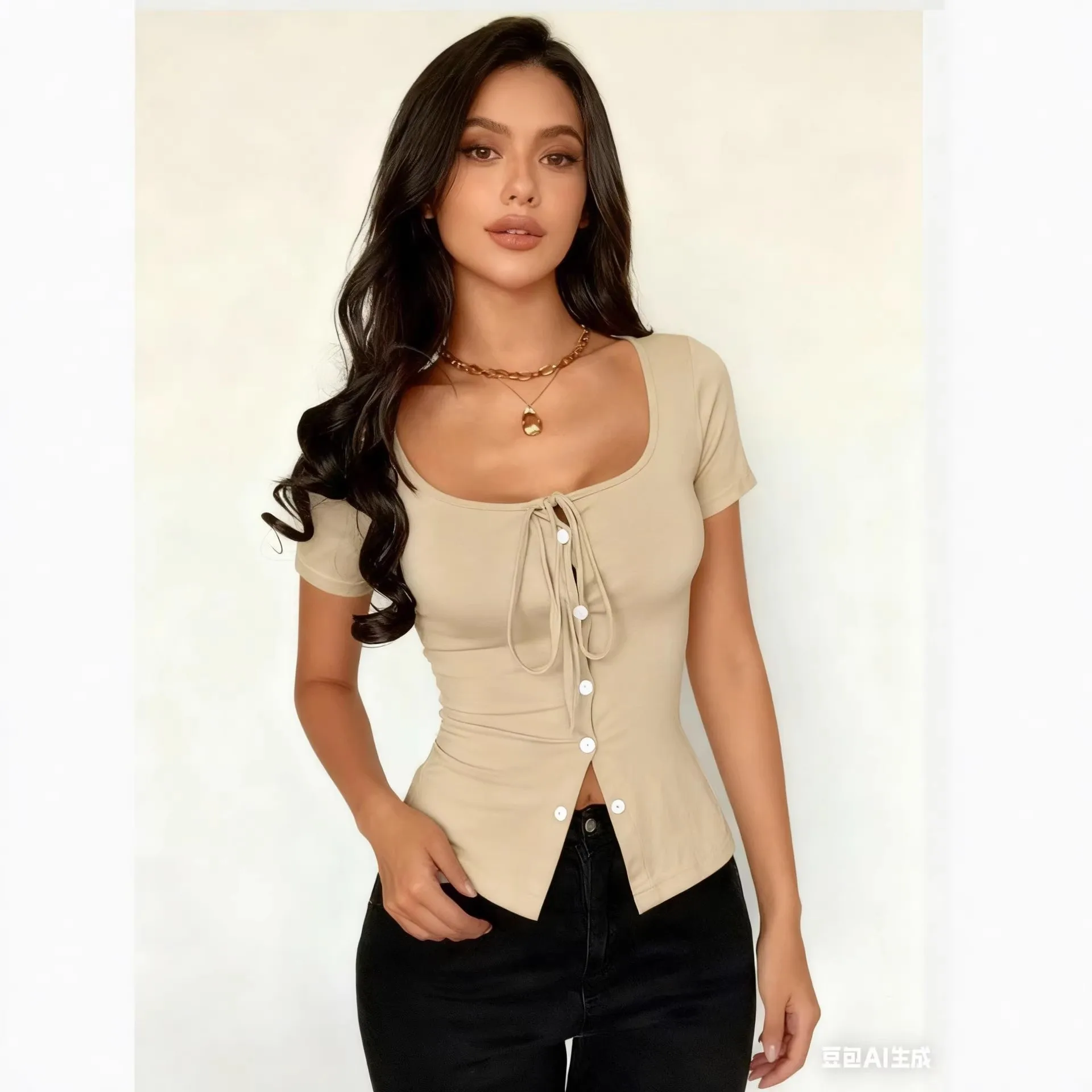 Women Blouse Short Sleeve U Neck Blouses Bodysuit Women Square Neck Button Front Top Casual Cropped Tops Beige White Burgundy