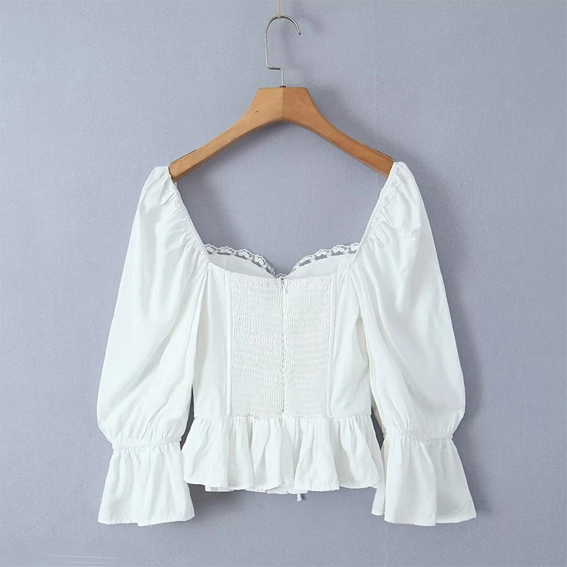 YENKYE Y2K Women High Quality Lace Trim White Blouse Front Lacing Up Puff Sleeve Sexy Elegant Sweet Crop Top