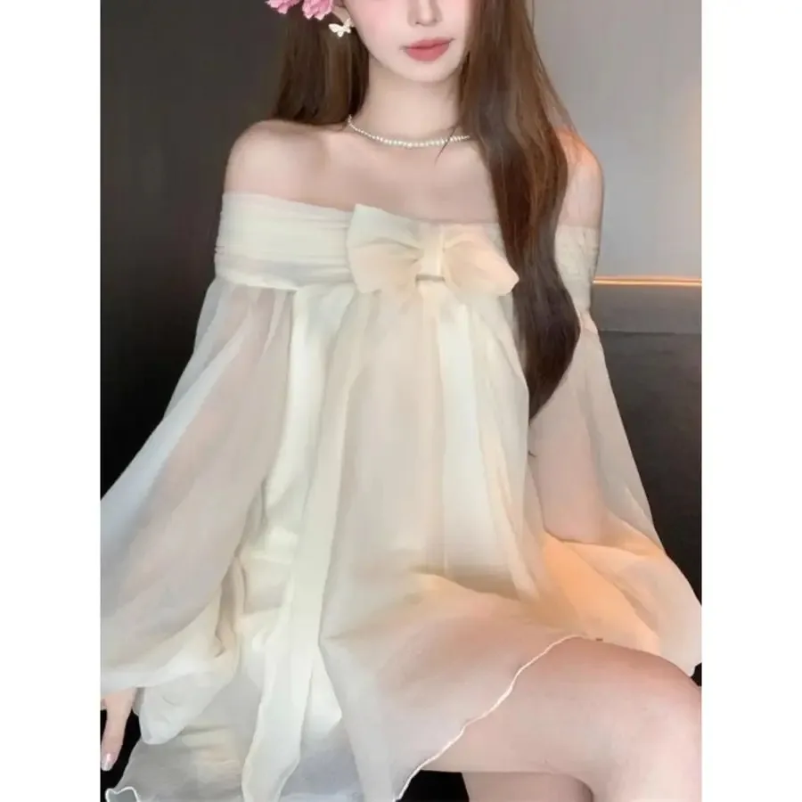 

Women's Off-Shoulder Dress with Delicate Bow Trim and Flowy Silhouette an Elegant and Feminine A-Line Dress for Date Nights Gar