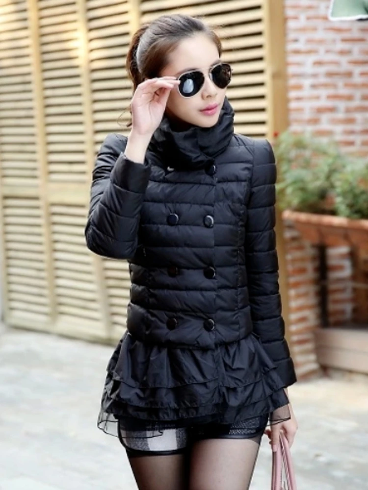 2023 Women\'s Winter Warm Stand Collar Parkas Female Slim Splicing Wooden Ear Edges Fashion Cotton Padded Jacket Coat