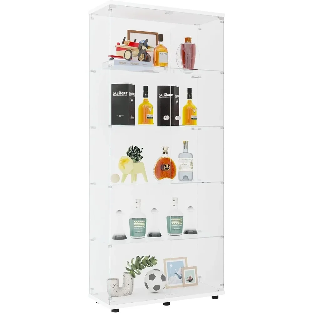 

Glass Display Cabinet with 5 Shelves Double Door, Curio Cabinets for Living Room, Bedroom, Office, White Floor Standing Glass