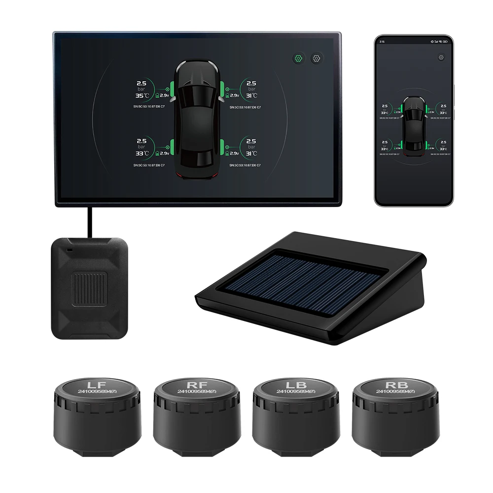 Universal BLE TPMS Four Tire Pressure Sensors ABS Digital Display Solar Tyre Monitoring System for Android IOS Devices Plastic