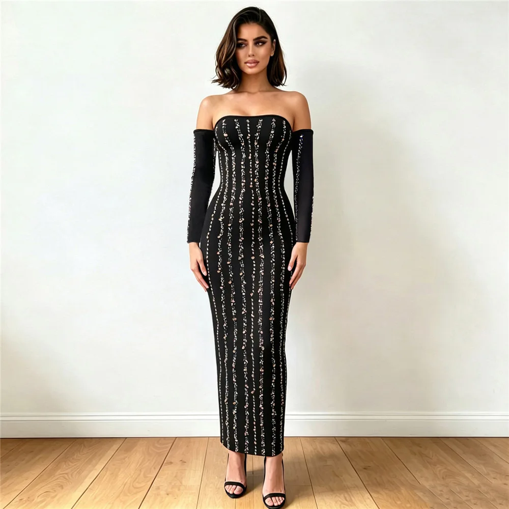 New fashionable one shoulder socialite hot diamond slimming sexy women's clothing star bandage dress party dress long skirt