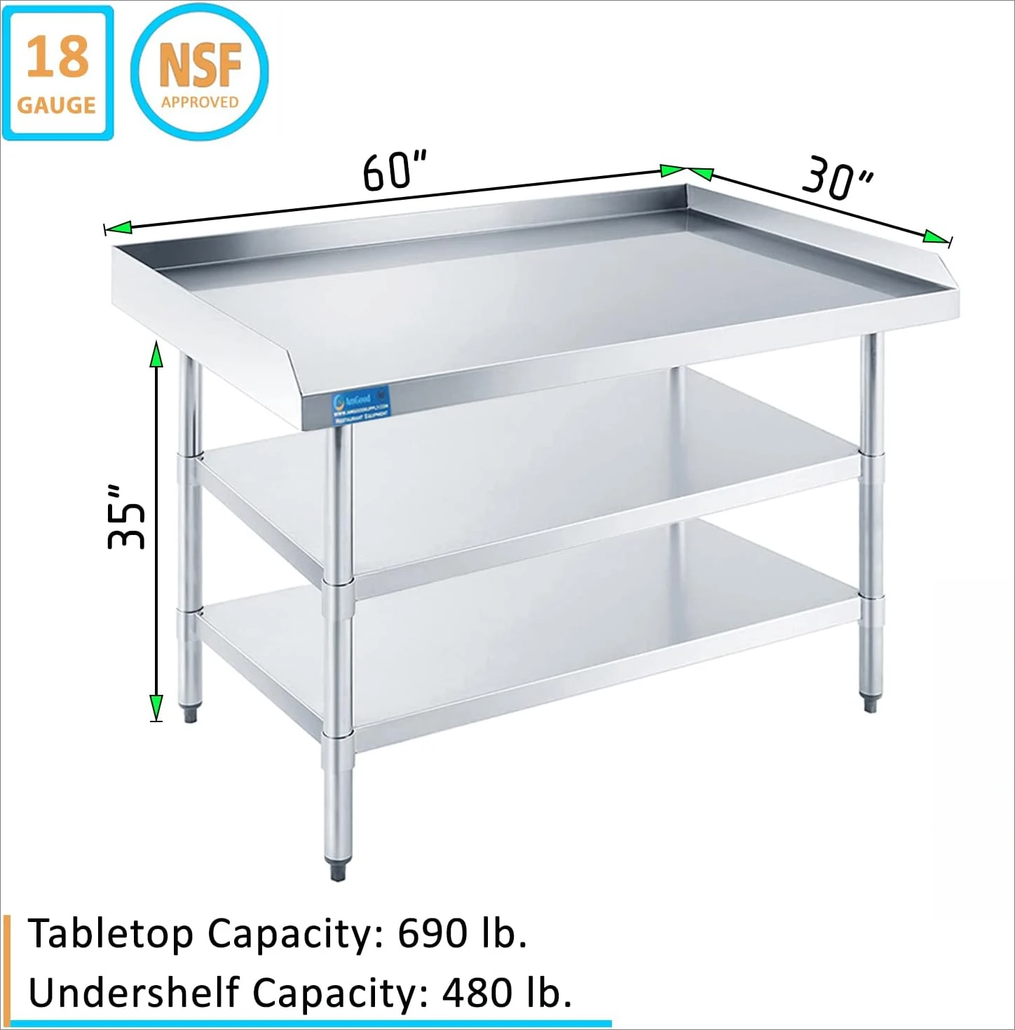 Commercial Work Table with Backsplash and Side Splashes and Two Shelves