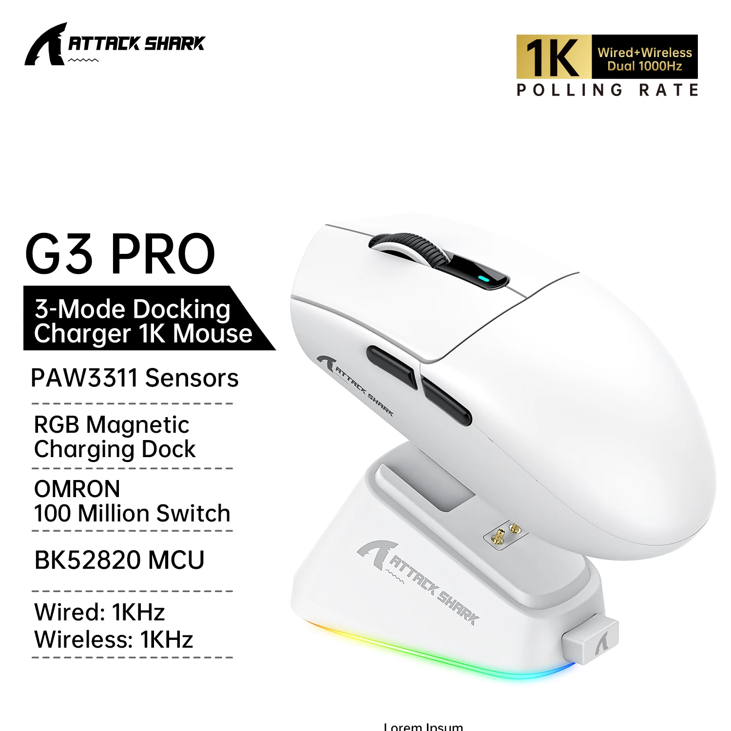 

Беспроводная Bluetooth-мышь ATTACK SHARK G3PRO, магнитная док-станция RGB 1 кГц | 62 г ультралегкий | Датчик PAW3311 | OMRON 100M Клики