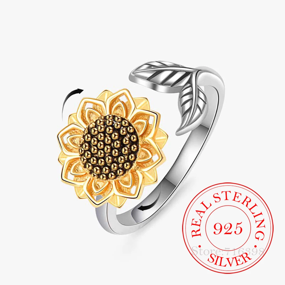 

925 Sterling Silver Jewelry Spinning Daisy Flower Open Finger Rings for Women Wedding Party Jewelry For Girls Friend Gift