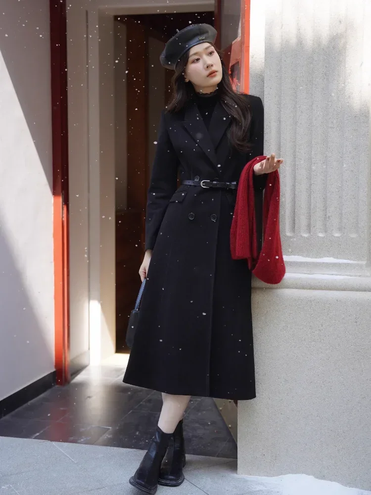 

Vintage Black Wool Coat Women Belted Waist Double-Breasted Long Overcoat Elegant Casual Outerwear for 2024 Autumn and Winter