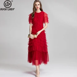 Women's Runway Dresses O Neck Short Sleeves Tiered Ruffles Sexy Tulle Laid Over Elegant Fashion Party Prom Gown