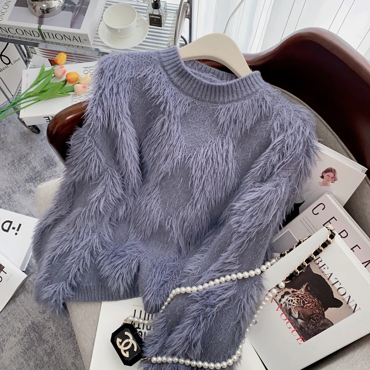 Faux Mink Thicken Stylish Sweater Women 2023 Spring Fashion Chic Knitted Pullover Jumpers Long Sleeve O-neck Loose Soft Tops