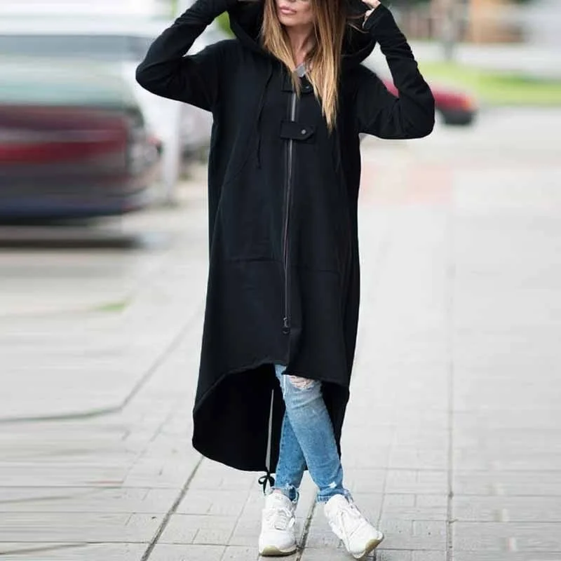 Windbreaker Women Hooded Long Sleeve Zipper Drawstring Casual Irregular Coat Casual Solid Long Trench 2021 Women Trench