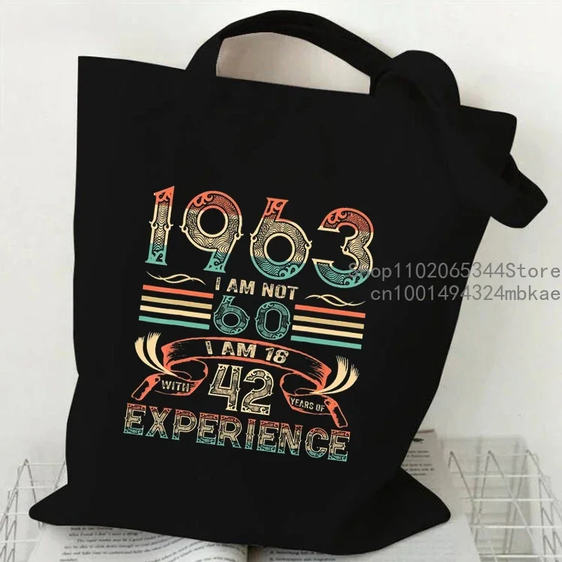 Canvas Tote Bag Vintage Birthday Year 1960-1969 Print Shopping Bag Women Men Casual Fashion Years Black Cat Side Bag for Ladies