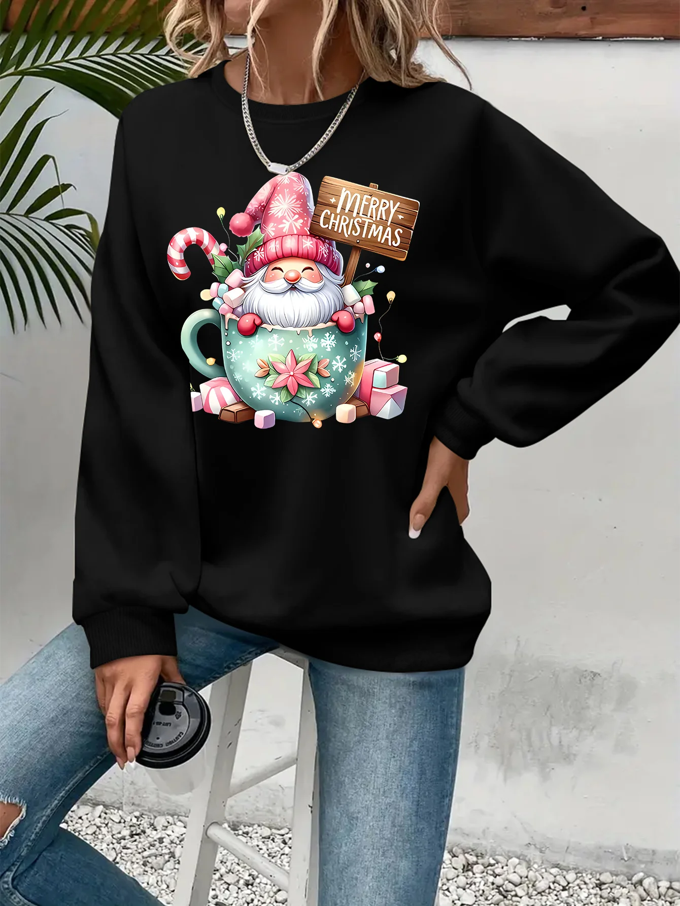 Merry Christmas Dwarf Hot Cocoa Cup Candy Cane Printed Round Neck with Velvet Loose Long Sleeve Holiday Casual Sweatshirt