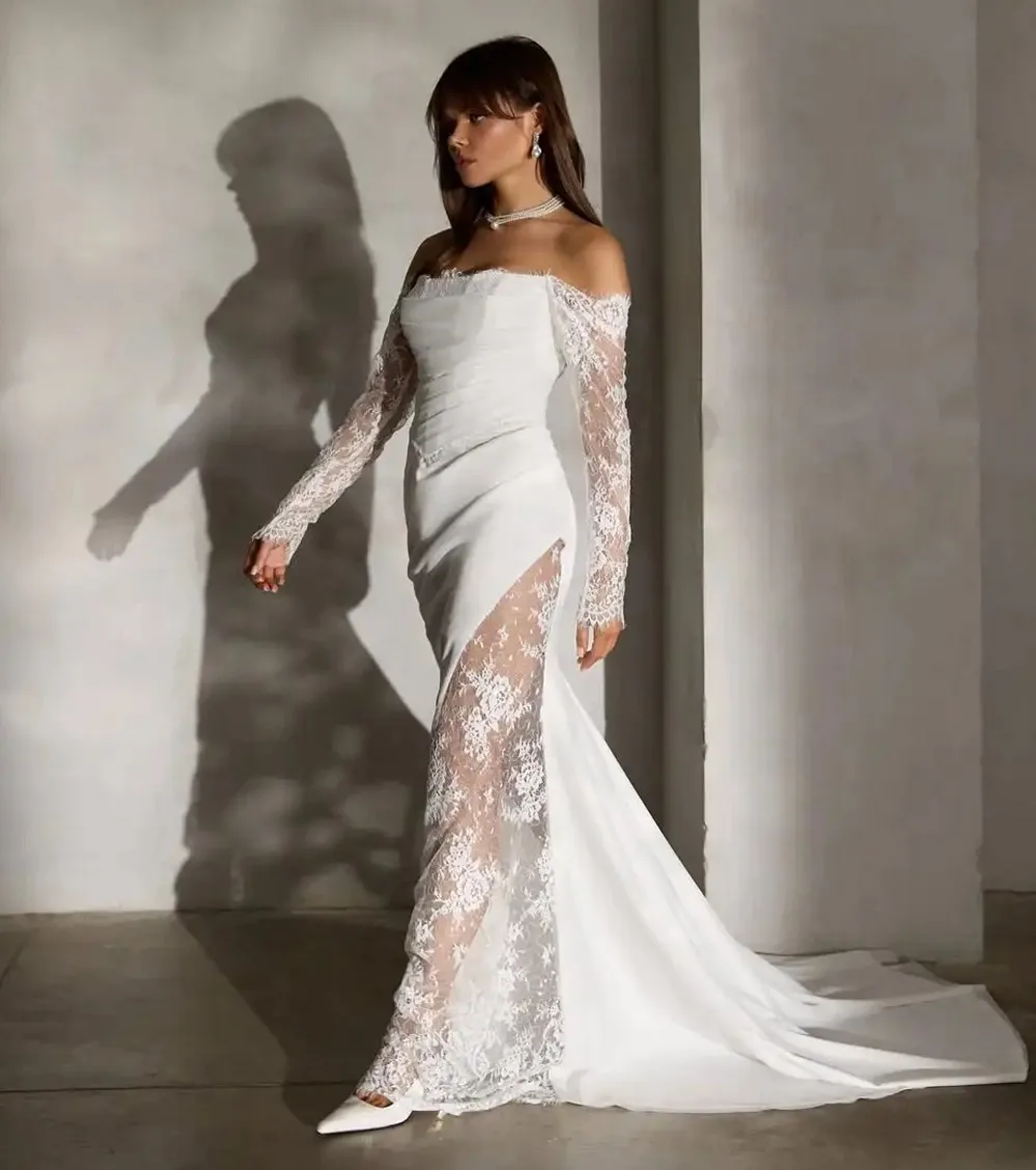 

Sexy Beach Wedding Dress Bridal Gown Mermaid Bride Dresses Sheer Neck Long Sleeves Lace Satin Gowns Rode De Morrie
