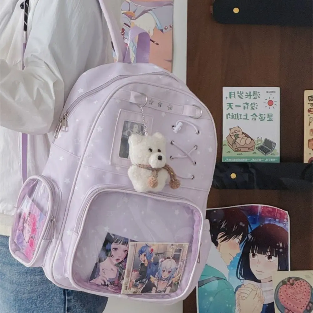 かわいい透明な星柄プリントバックパック-ロリータ-イタバッグ-学生用スクールバッグ-y2k-大容量ディスプレイナップサック-アウトドア用